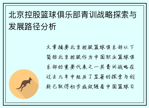 北京控股篮球俱乐部青训战略探索与发展路径分析